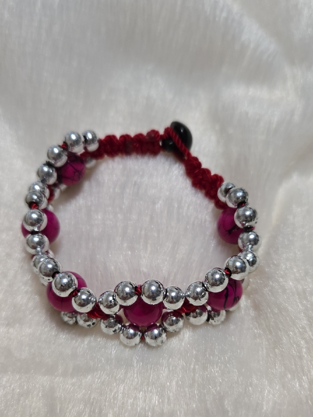 Handmade Pink Bead Macrame Bracelet with Silver Accents